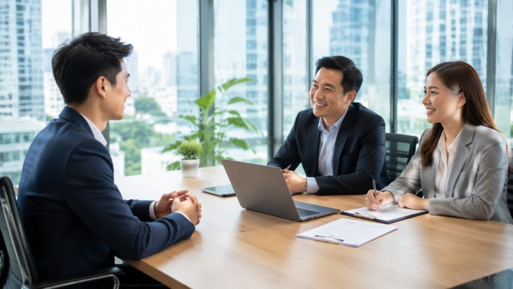ผู้สมัครงานกำลังสัมภาษณ์กับฝ่าย HR ในห้องประชุมของบริษัท