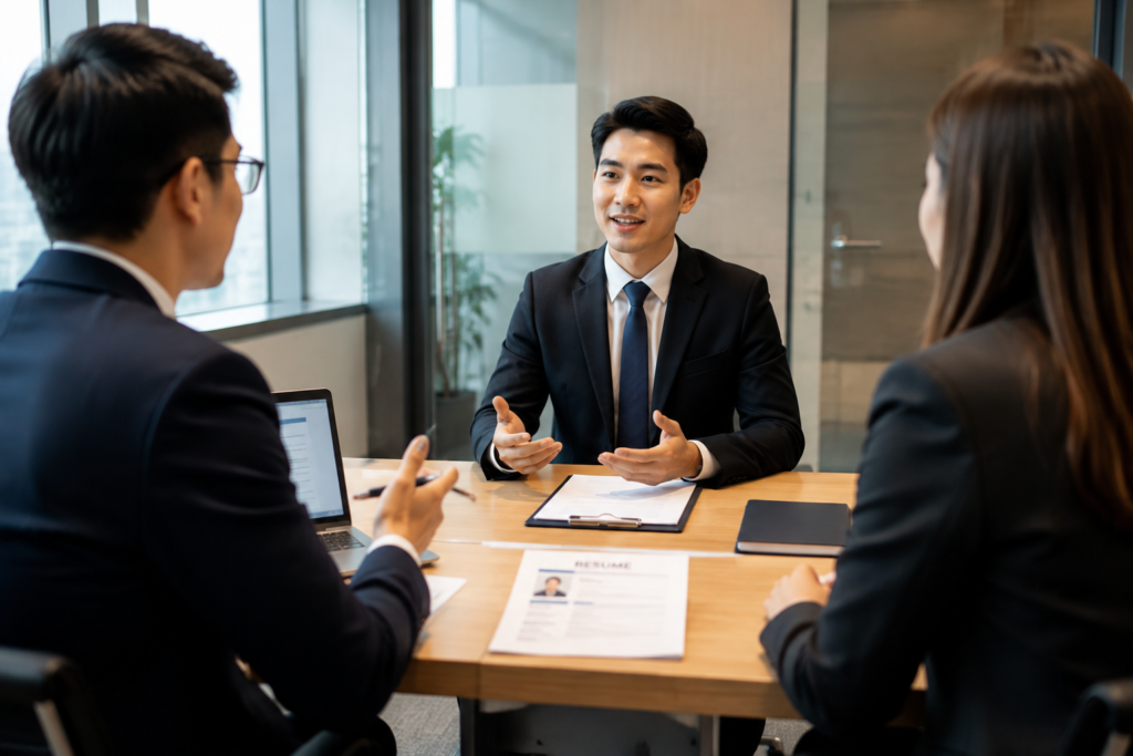 ผู้สมัครงานกำลังสัมภาษณ์กับฝ่าย HR ในห้องประชุมของบริษัท