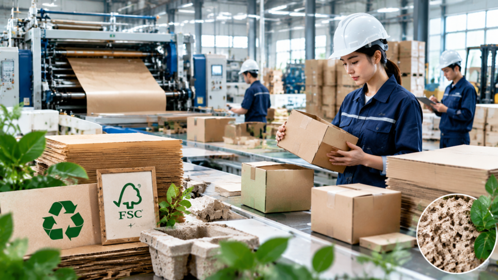 โรงงานผลิตกล่องกระดาษรักษ์โลกมาตรฐาน FSC ตรวจสอบคุณภาพบรรจุภัณฑ์รีไซเคิลสำหรับธุรกิจส่งออก